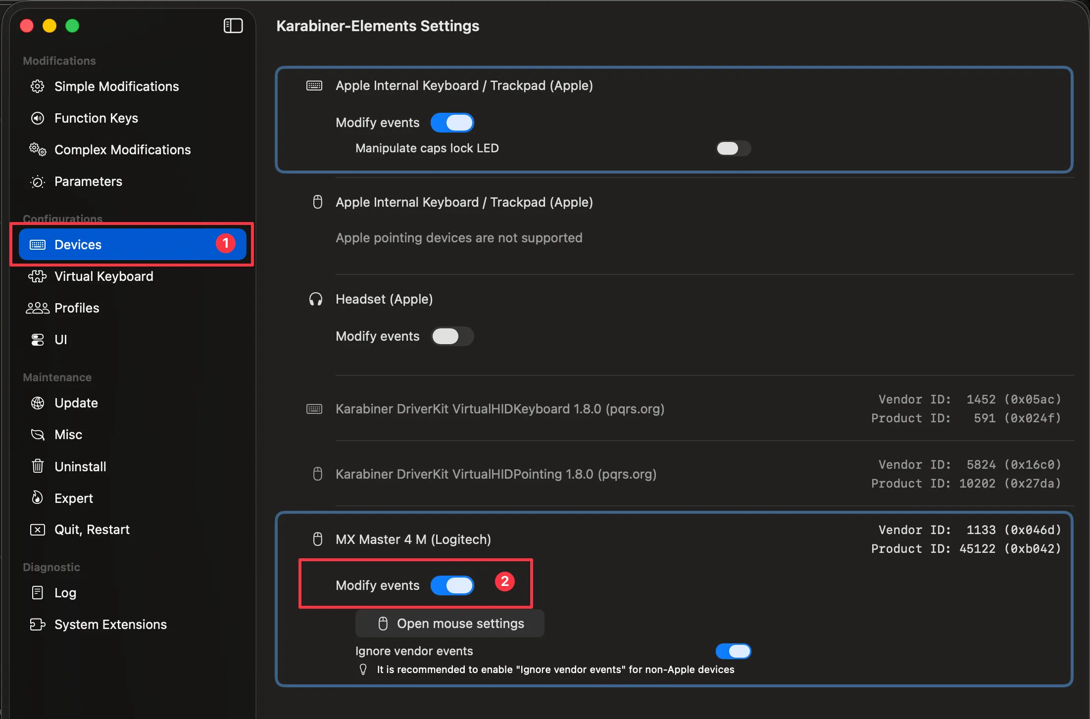 Activate 'Modify events' under 'Devices'