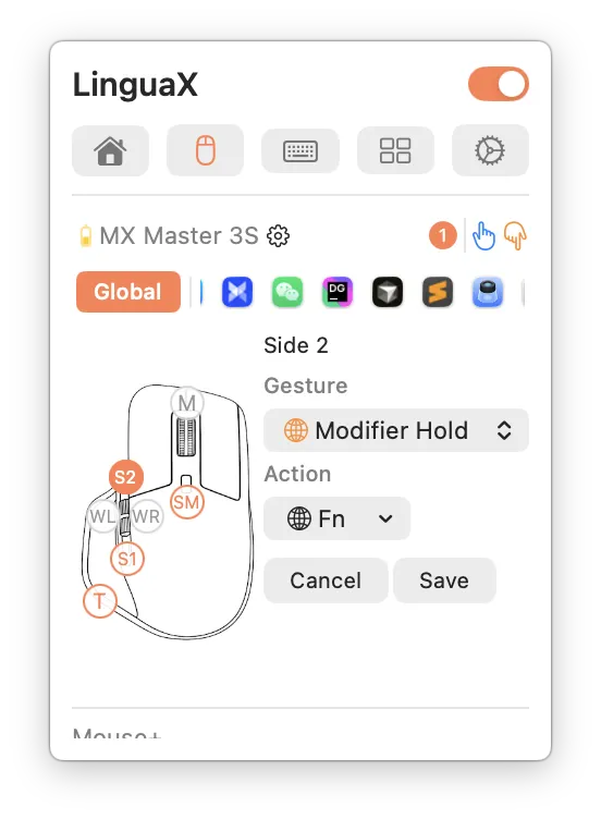 Choosing the action for a mouse button in LinguaX