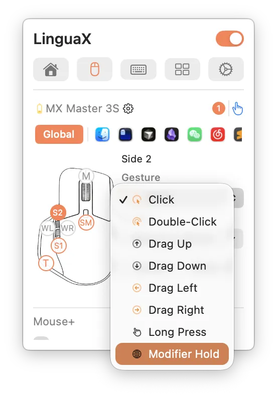 Selecting the Click gesture for a mouse button in LinguaX